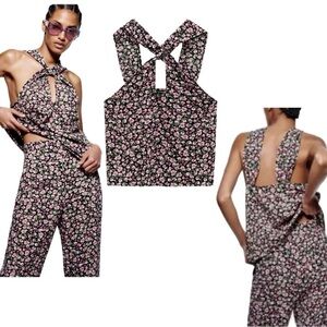 Zara purple green floral flower halter top peephole blouse top NWT